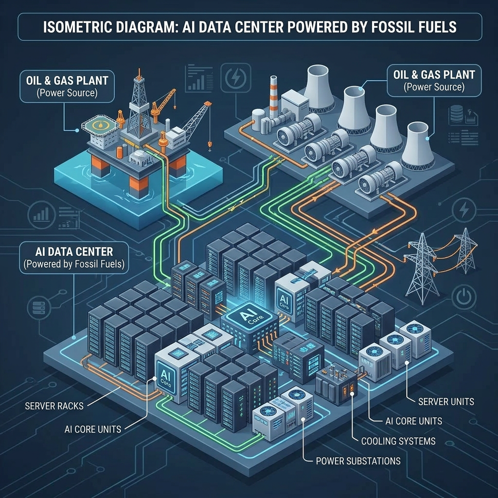 Isometric diagram of AI data center connected to oil and gas plants powering the servers and cooling systems