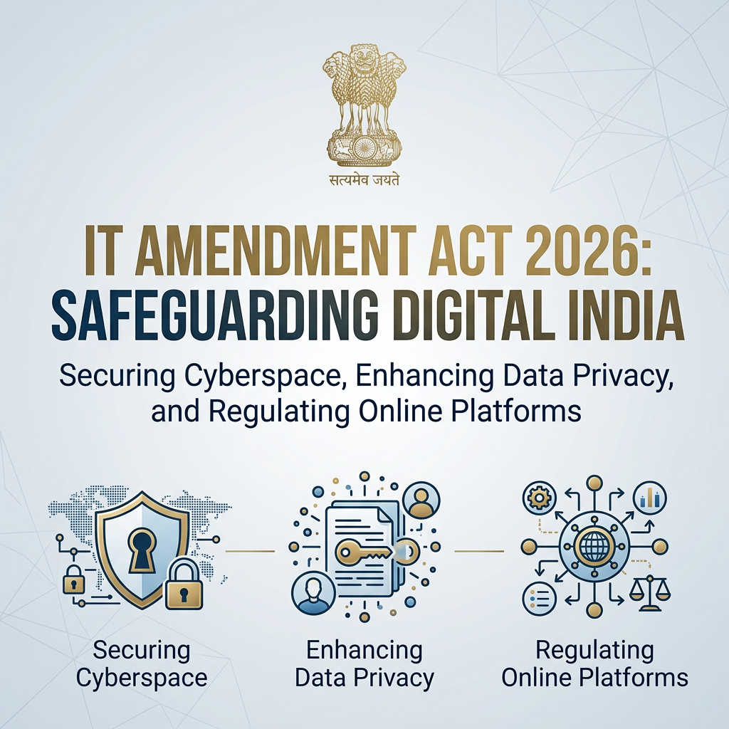 Plaque for IT Amendment Act 2026 about safeguarding digital India with text and person touching it