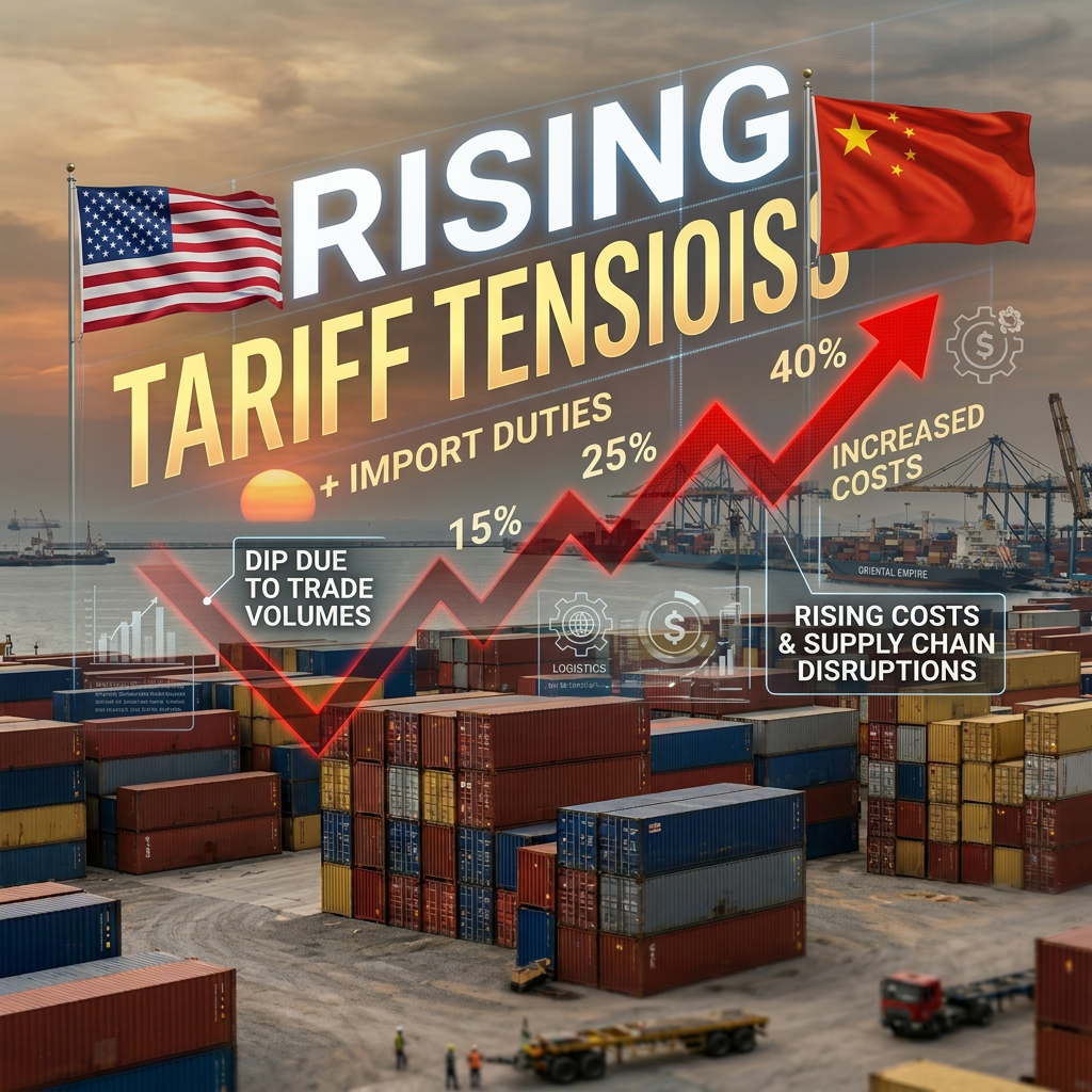 Port with shipping containers, US and China flags with rising tariff percentages and trade disruption indicators